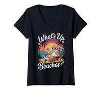 Femme Amusant What's Up Beaches Chat Fine Vacation Trip Beaching T-Shirt avec Col en V