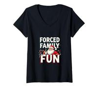 Femme Amusement en Famille forcé - Lumières de Vacances Père Noël Humeur T-Shirt avec Col en V