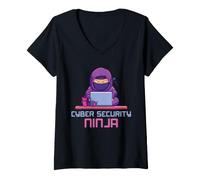 Femme Analyste Informatique Ninja en cybersécurité Ethical Hacker Design T-Shirt avec Col en V