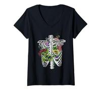 Femme Anatomy Flo Squelette de Fleurs colorées pour Fleuriste T-Shirt avec Col en V