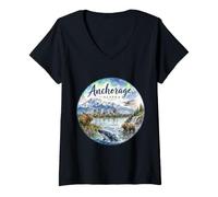 Femme Anchorage Alaska, AK, USA, aurores boréales T-Shirt avec Col en V