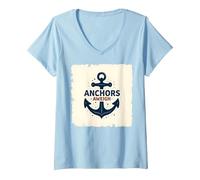 Femme Anchors Aweigh Design Nautique pour Marins T-Shirt avec Col en V, Bleu Céleste, M