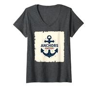 Femme Anchors Aweigh Design Nautique pour Marins T-Shirt avec Col en V, Chiné Foncé, M