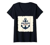 Femme Anchors Aweigh Design Nautique pour Marins T-Shirt avec Col en V, Noir, M