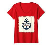 Femme Anchors Aweigh Design Nautique pour Marins T-Shirt avec Col en V, Rouge, M