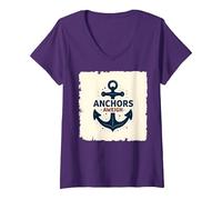 Femme Anchors Aweigh Design Nautique pour Marins T-Shirt avec Col en V, Violet, M