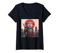 Femme Ancien Chien de Berger Anglais samouraï Japonais Ukiyo-e Amoureux des Chiens T-Shirt avec Col en V