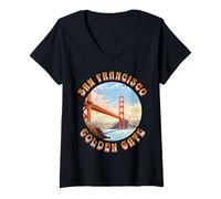 Femme Ancien Pont du Golden Gate de San Francisco Blue Sky Groovy T-Shirt avec Col en V