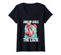 Femme and Up Goes The Luzie Flamingo Party Dansant Inscription en Allemand T-Shirt avec Col en V