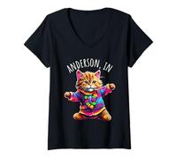 Femme Anderson in USA Design Chat Dansant coloré T-Shirt avec Col en V