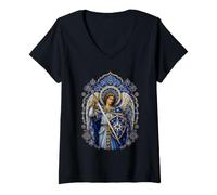 Femme Ange médiéval Bleu Saint Michel avec épée et Bouclier T-Shirt avec Col en V