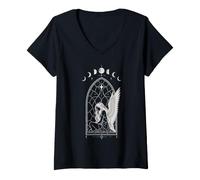 Femme Ange Phases de la Lune Astrologie vitrail Art T-Shirt avec Col en V
