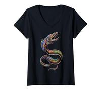 Femme Anguille du Gulper Abstrait Océan Art Vie Marine Coloré T-Shirt avec Col en V