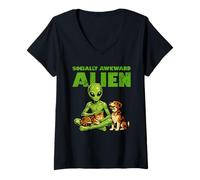 Femme Animal de Compagnie Extraterrestre Amusant, Chat et Chien, créature Spatiale drôle et socialement maladroite T-Shirt avec Col en V
