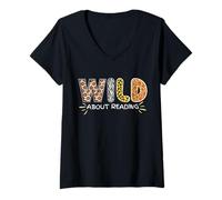 Femme Animal Graphic Wild About Reading Books Teacher T-Shirt avec Col en V