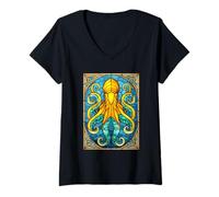 Femme Animal Marin Poulpe Colorée Vitrail Pieuvre T-Shirt avec Col en V
