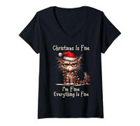 Femme Animal Noël Grincheux Chat Noir Chats Xmas Chaos T-Shirt avec Col en V
