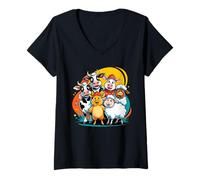 Femme Animaux de Ferme Cartoon avec Vaches Cochon Moutons T-Shirt avec Col en V