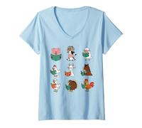 Femme Animaux de la Ferme Mignons lisant des Livres d'automne bibliothèque ou Salle de Classe T-Shirt avec Col en V