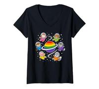 Femme Animaux de l'espace Gay Rainbow Planet Pride T-Shirt avec Col en V