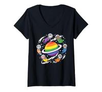 Femme Animaux de l'espace Gay Rainbow Planet Pride T-Shirt avec Col en V