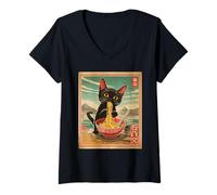 Femme Anime Black Cat Ramen - Chat Japonais drôle Kawaii T-Shirt avec Col en V
