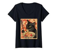 Femme Anime Chat Noir Ramen Japonais drôle Chat Kawaii T-Shirt avec Col en V