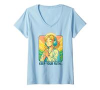 Femme Anime Chrétien Lo-FI Manga Esthétique Prière Keep Your Faith T-Shirt avec Col en V