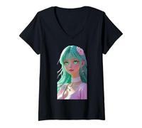 Femme Anime Girl with Bright Green Eyes Design Unisexe pour T-Shirt T-Shirt avec Col en V