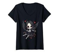 Femme Anime Gothique Squelette Cupidon - Dark Valentine Kawaii Design T-Shirt avec Col en V