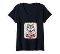Femme Anime Japonais Ramen Mangeant des sushis Loup T-Shirt avec Col en V