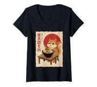 Femme Anime Japonais Ramen Nouilles Amant de l'écureuil T-Shirt avec Col en V