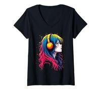Femme Anime Kawaii Fille avec écouteurs Otaku T-Shirt avec Col en V