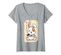 Femme Anime Kawaii Japonais Ramen Bunny T-Shirt avec Col en V