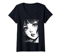 Femme Anime Kawaii triste fille pleurant manga femme japonais gothique japonais T-Shirt avec Col en V