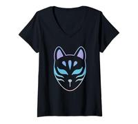 Femme Anime Kitsune Masque rétro Vintage, Renard Japonais T-Shirt avec Col en V