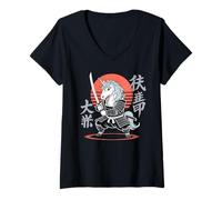 Femme Anime rétro Amusant pour Les Amateurs de Licornes Ninja Samouraï T-Shirt avec Col en V
