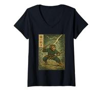 Femme Animé Vintage Martial Singe Warrior Ancient Combat Energy T-Shirt avec Col en V
