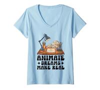 Femme Animez des rêves Créez une véritable animation Dessinez un croquis Animer T-Shirt avec Col en V