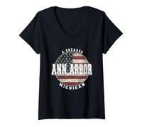 Femme Ann Arbor Michigan, Drapeau américain Vintage T-Shirt avec Col en V