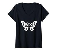 Femme Anna Butterfly - Word Art personnalisé avec nom mignon T-Shirt avec Col en V