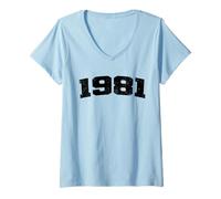 Femme Année d'anniversaire 1981 Vintage Arched Varsity Retro Distressed T-Shirt avec Col en V