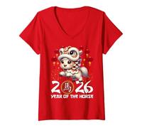 Femme Année du Cheval 2026 Chinois Nouvel an Lunaire Zodiaque Cheval T-Shirt avec Col en V