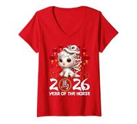Femme Année du Cheval 2026 Chinois Nouvel an Lunaire Zodiaque Cheval T-Shirt avec Col en V