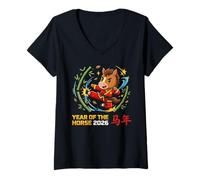Femme Année du Cheval 2026 Kung Fu Arts Martiaux Chinois Nouvel an T-Shirt avec Col en V
