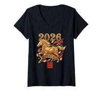 Femme Année du Cheval 2026 Nouvel an Lunaire 2026 Nouvel an Chinois T-Shirt avec Col en V