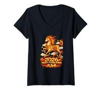 Femme Année du Cheval 2026 Nouvel an Lunaire du Zodiaque Chinois T-Shirt avec Col en V