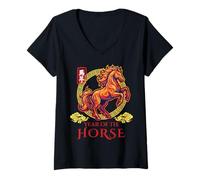 Femme Année du Cheval Art Zodiaque Chinois Patrimoine Asi T-Shirt avec Col en V
