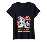 Femme Année du Cheval Chanceux Nouvel an Lunaire Chinois Zodiaque 2026 T-Shirt avec Col en V
