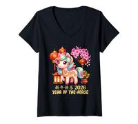 Femme Année du Cheval Chanceux Nouvel an Lunaire Chinois Zodiaque 2026 T-Shirt avec Col en V